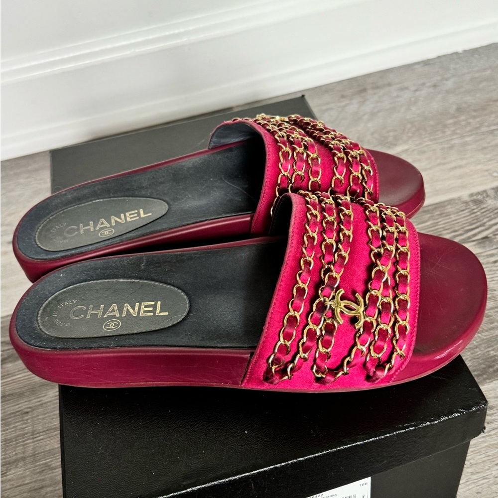 Chanel satin chain slides